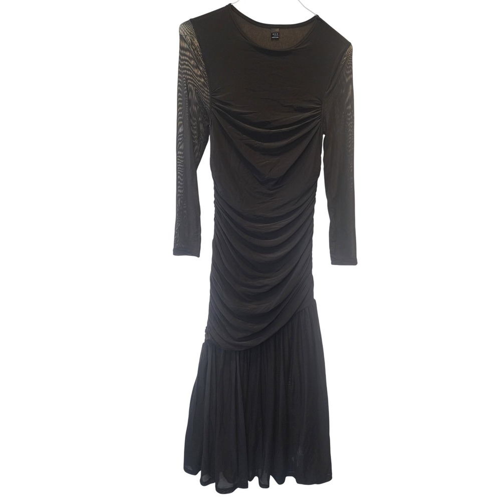 SHEIN Black Ruched Mesh Long Sleeve Drop Waist Maxi Dress Womens L 8/10 NWOT